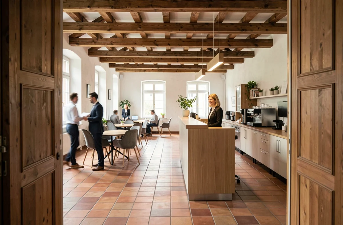 Accueil et espace lounge d'un coworking à Colmar dans un bâtiment alsacien rénové avec poutres apparentes et sol en tomettes