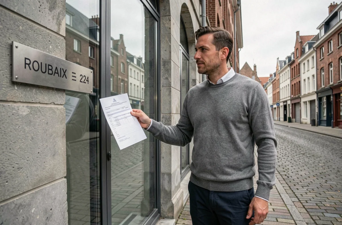 Entrepreneur devant une adresse de domiciliation commerciale dans le centre-ville de Roubaix