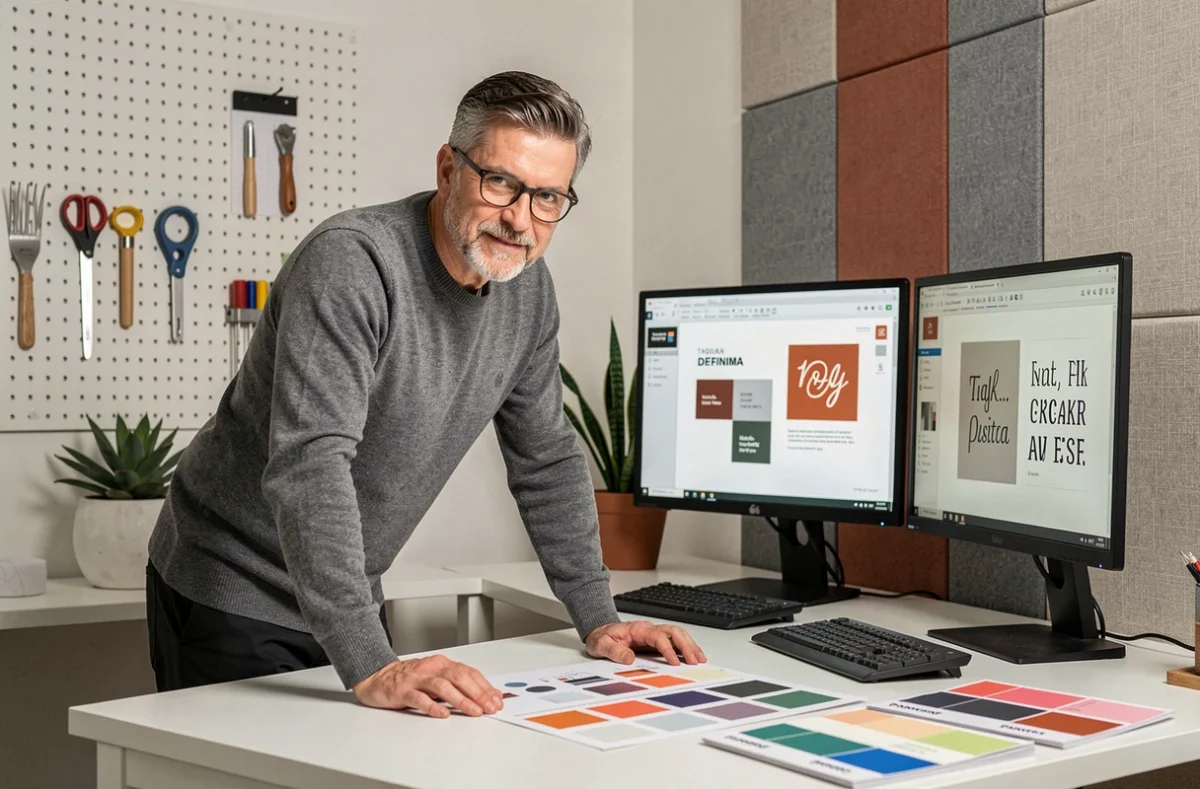 Directeur créatif de Definima travaillant sur des maquettes d'identité de marque et des typographies sur un poste de travail graphique double écran