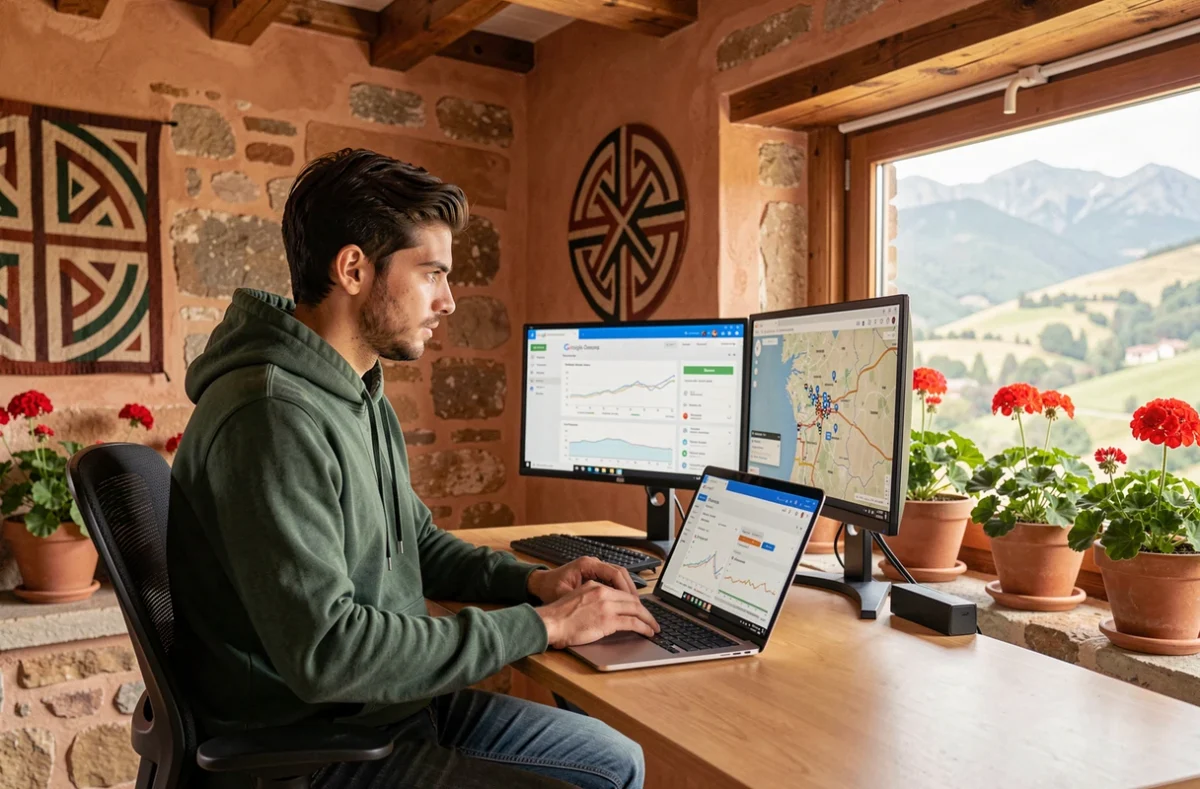 Consultant de Digital 64 travaillant sur une stratégie SEO local et Google Ads pour la région des Pyrénées-Atlantiques dans un bureau d'inspiration basque