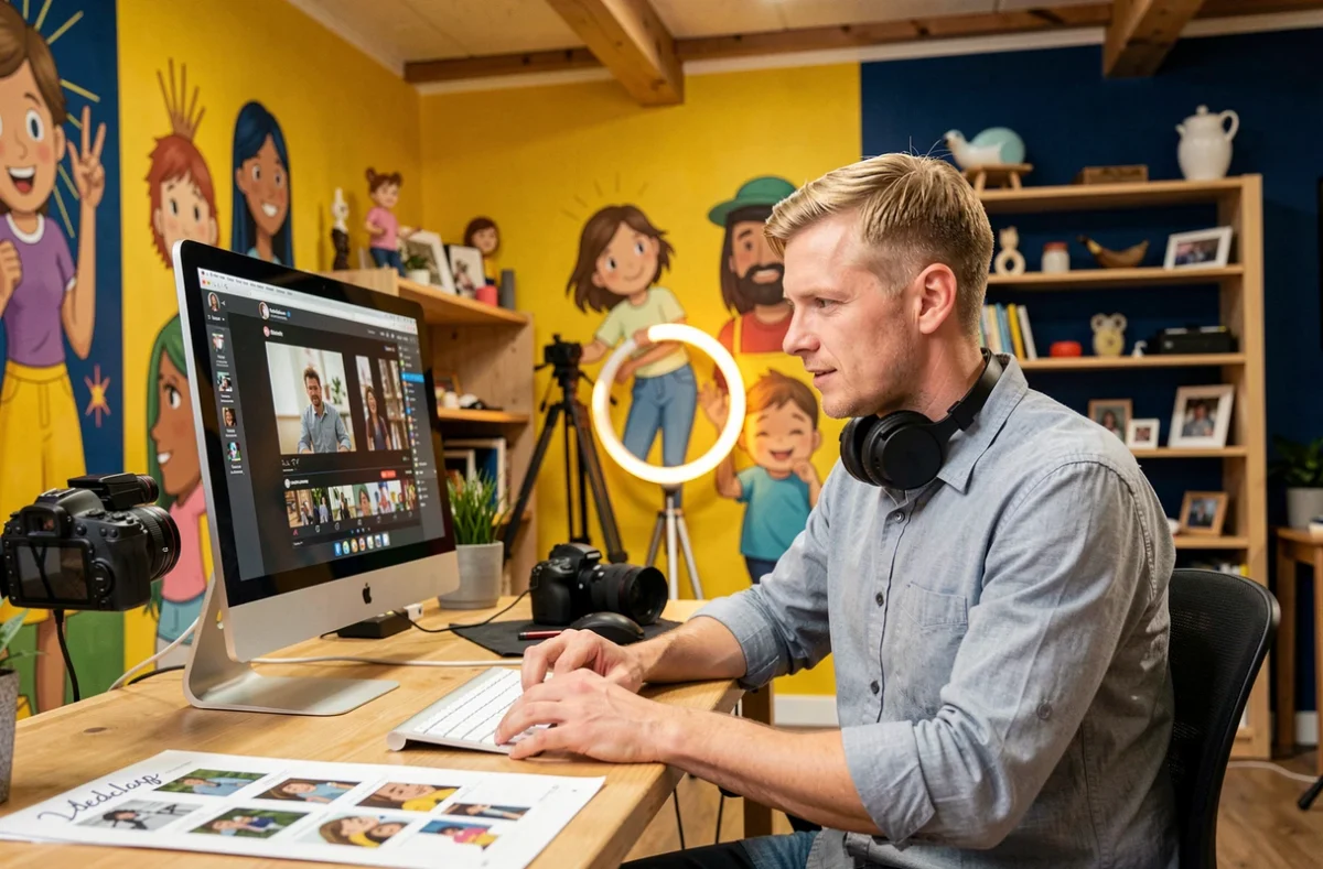 Créateur de contenu vidéo d'Ideclap en train de monter une vidéo pour les réseaux sociaux dans un studio créatif aux murs illustrés colorés