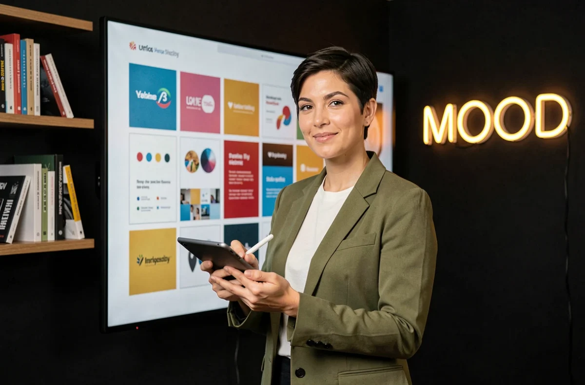 Directrice créative de l'agence Mooood présentant des concepts de branding sur un écran numérique dans un studio design moderne