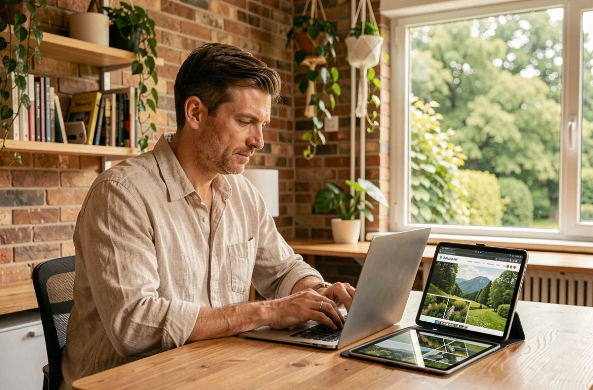 Consultant de Natural-net travaillant sur une mise en page web dans un espace de coworking lumineux avec des références à la nature et à l'environnement