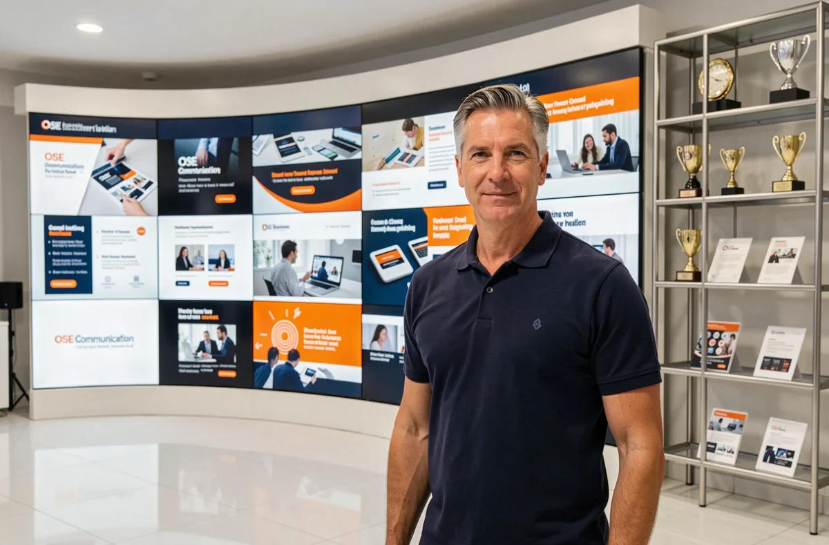 Directeur d'OSE Communication présentant une campagne de communication intégrée multicanal sur un mur d'affichage dans un showroom d'agence moderne et épuré