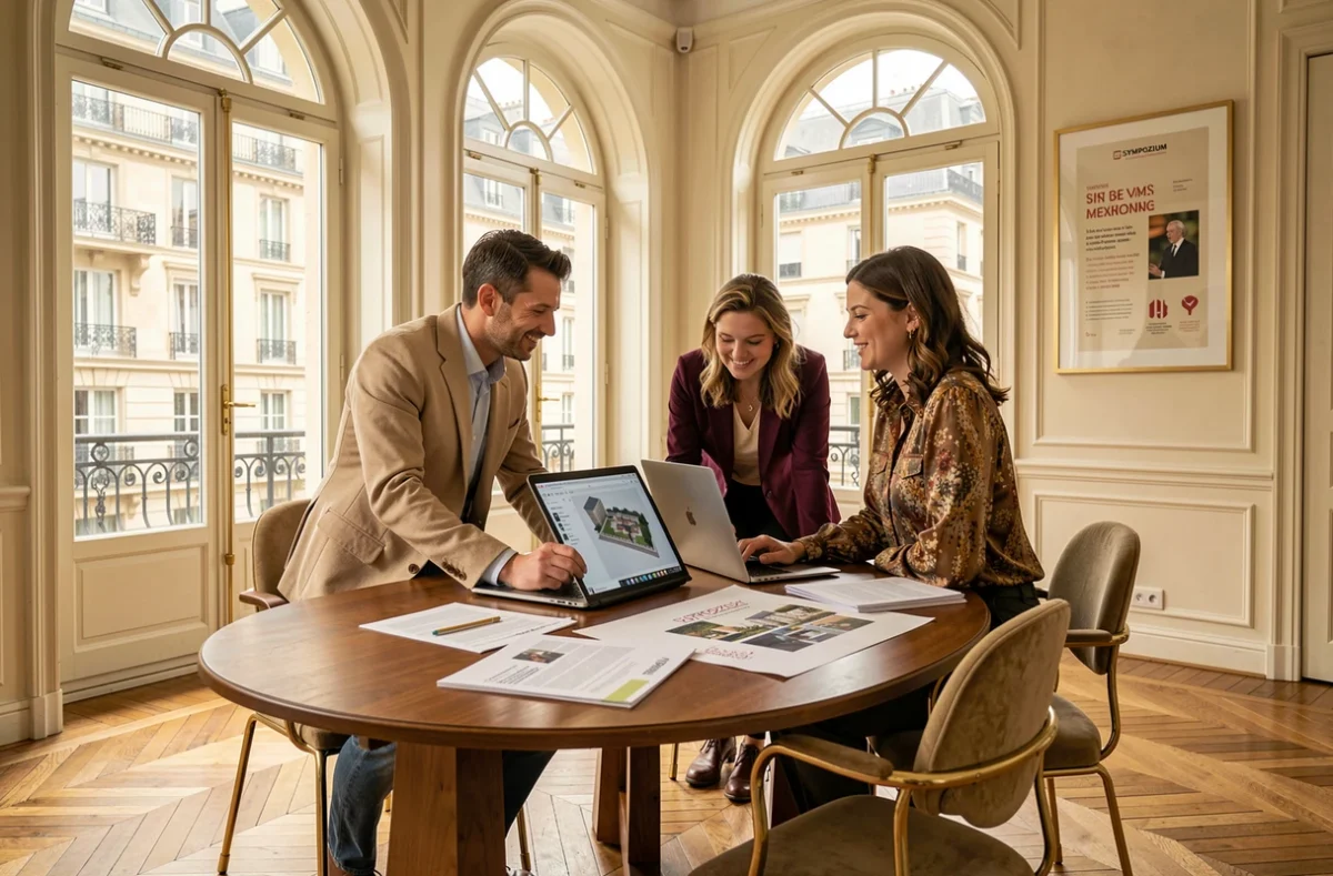 Deux professionnels de Sympozium planifiant un événement de communication autour d'une table de réunion dans un bureau élégant au cadre haussmannien bordelais