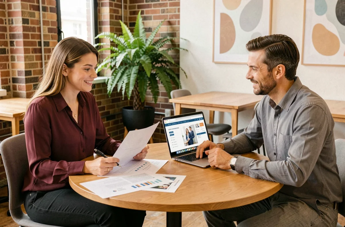 Deux consultants de l'agence Talents Mana discutant de stratégies de communication RH autour d'une table dans un espace de coworking chaleureux
