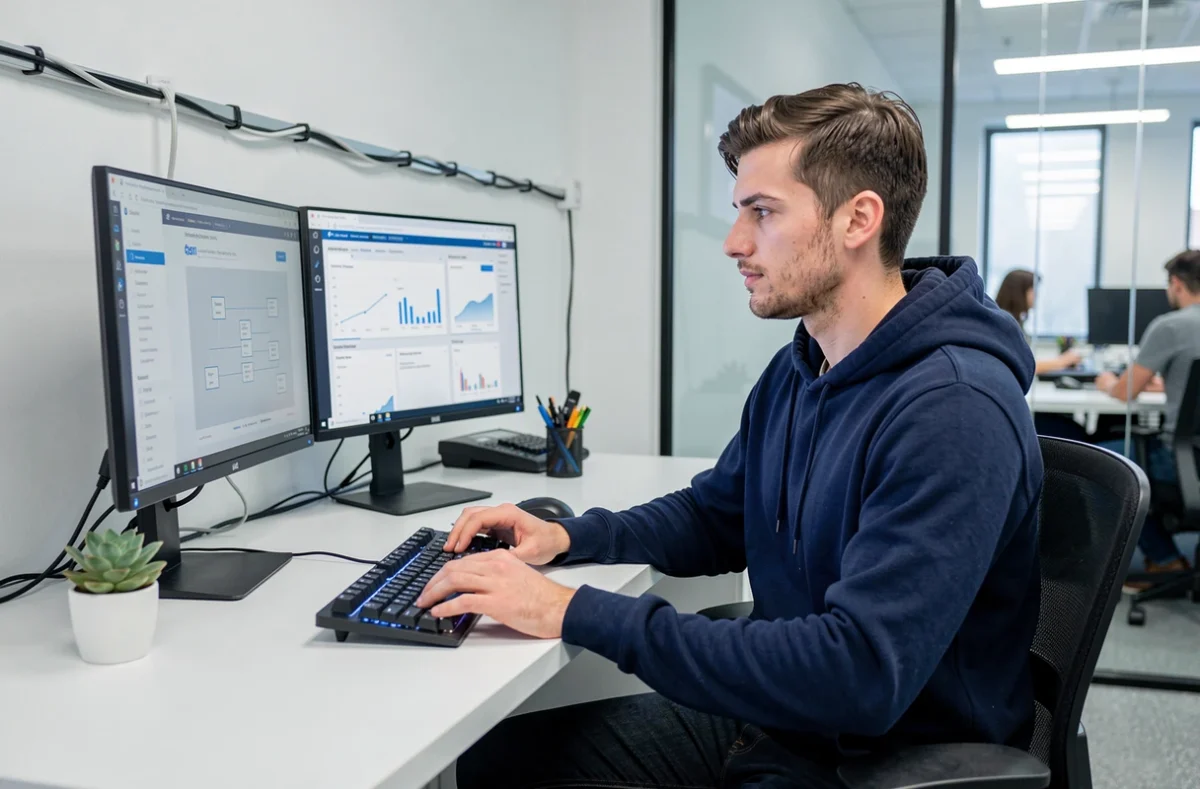 Développeur web de l'agence Target Web concentré sur des maquettes de sites internet affichées sur deux écrans dans un bureau moderne