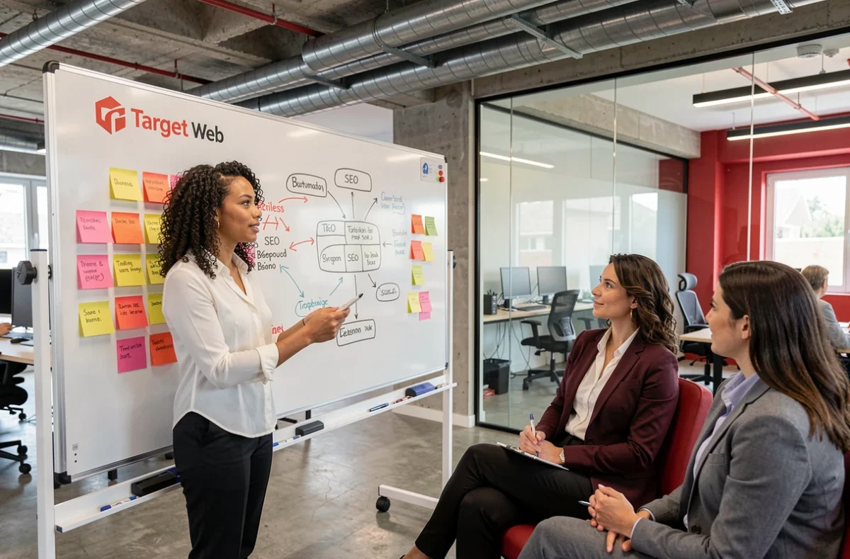 Stratège de Target Web présentant une carte de ciblage SEO sur un tableau blanc dans un bureau moderne de style industriel à Bordeaux