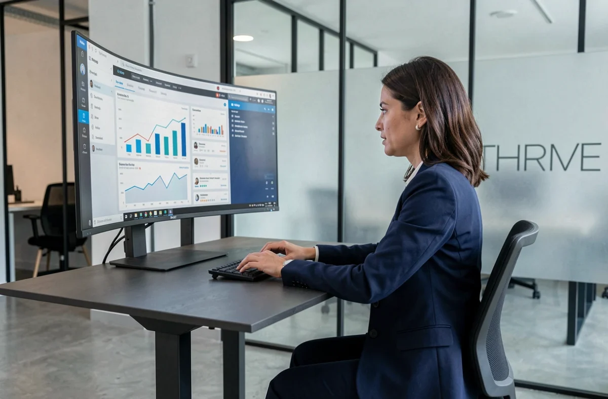 Professionnelle de l'agence THRIVE analysant des tableaux de bord de stratégie digitale sur un écran incurvé dans un bureau moderne et épuré
