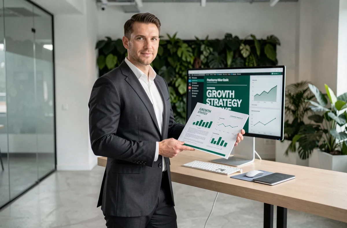 Stratège marketing de l'agence THRIVE tenant un rapport de croissance dans un bureau épuré aux parois vitrées et au mur végétal