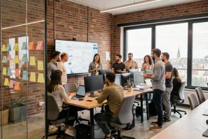 Équipe d'une agence Google Ads en Haute-Garonne réunie autour d'écrans d'analytique dans un bureau moderne à Toulouse