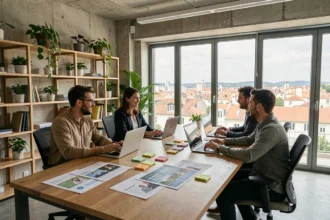 Équipe d'une agence de marketing digital en Nouvelle-Aquitaine travaillant autour d'une table de réunion moderne avec laptops et maquettes de campagnes
