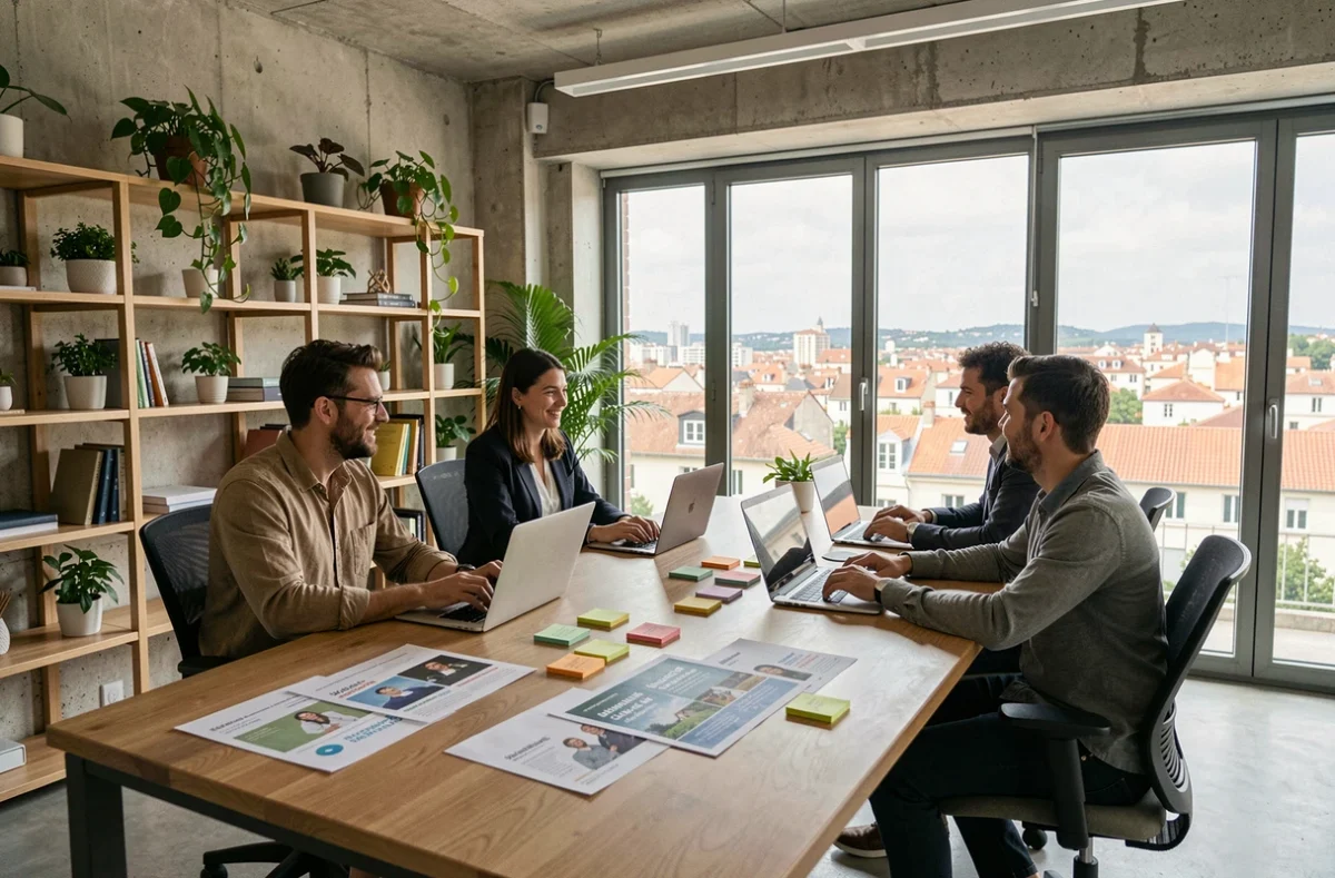 Équipe d'une agence de marketing digital en Nouvelle-Aquitaine travaillant autour d'une table de réunion moderne avec laptops et maquettes de campagnes