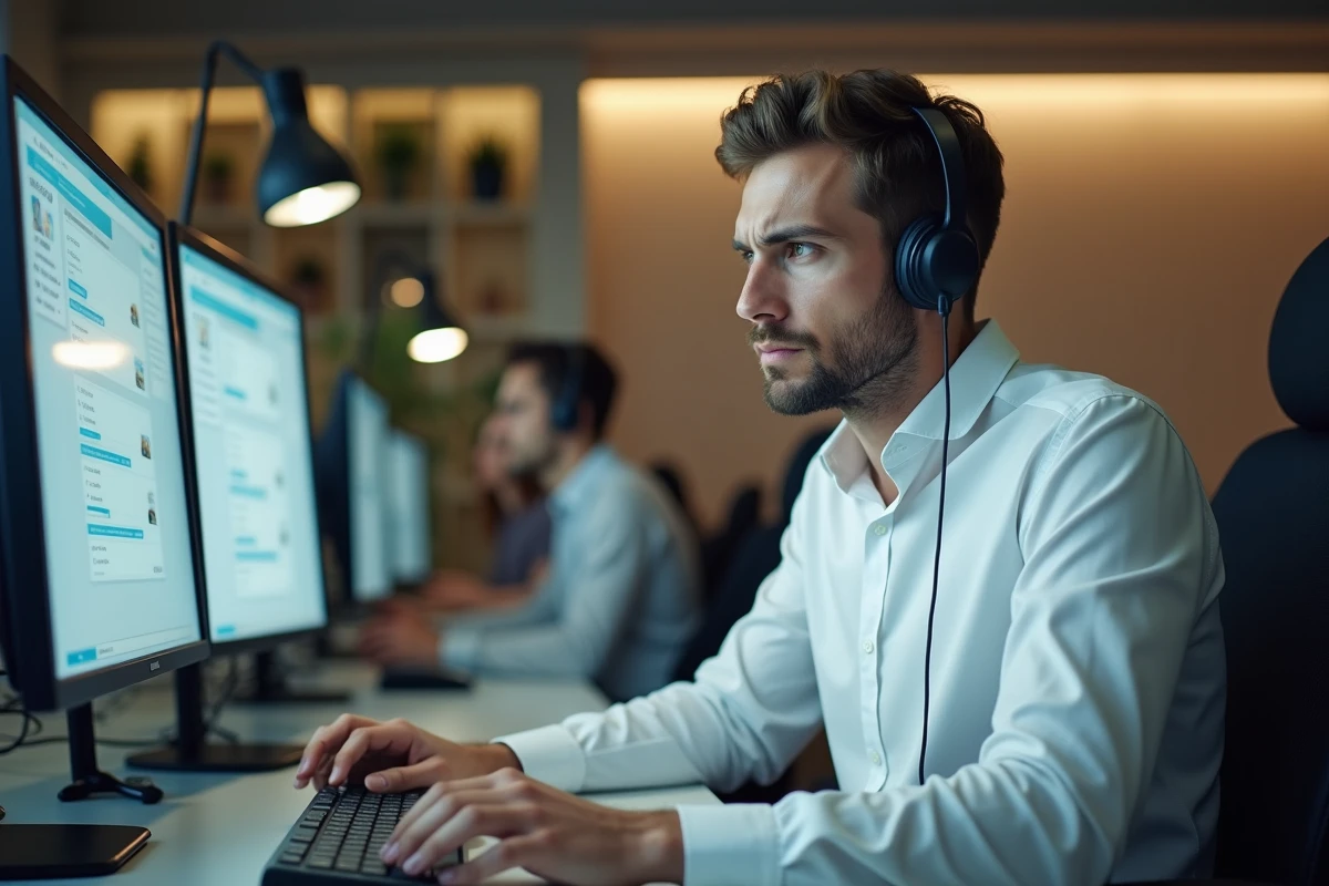 Agent de service client débordé face à une file d'attente de messages non répondus sur un tableau de bord de chat en direct