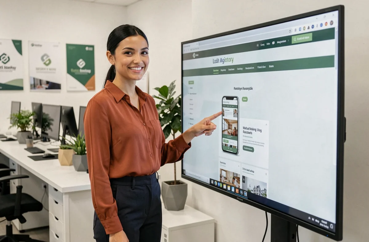 Spécialiste en marketing digital d'Akweb présentant un site responsive sur un grand écran tactile dans une agence web moderne et collaborative