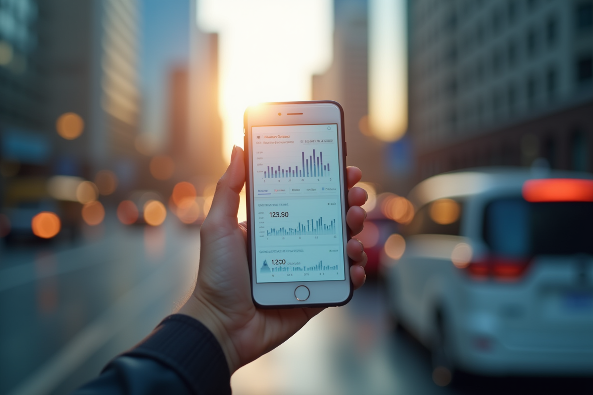 main tenant un smartphone avec analytics marketing en arrière-plan