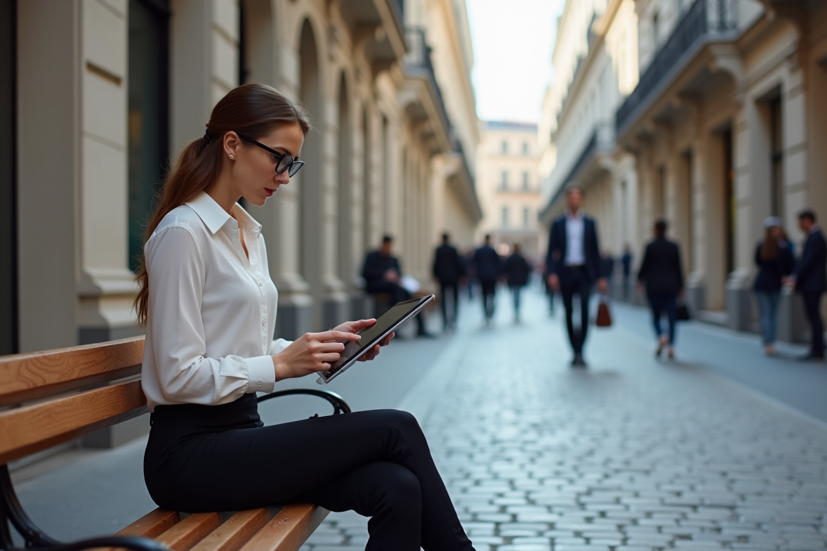 Jeune analyste étudiant des données boursières en ville