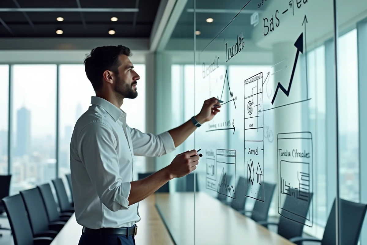 Analyste économique présentant des tendances du marché sur un tableau blanc dans une salle de réunion d'entreprise