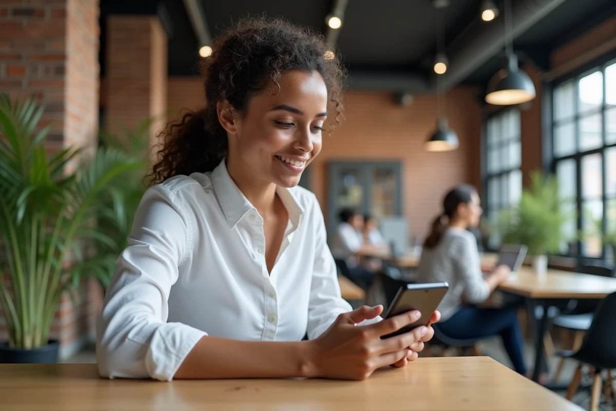 Jeune professionnelle explorant l'application de compte advango sur smartphone dans un espace de co-working