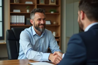 Deux professionnels échangeant un document de contrat d'apporteur d'affaires lors d'une réunion en bureau