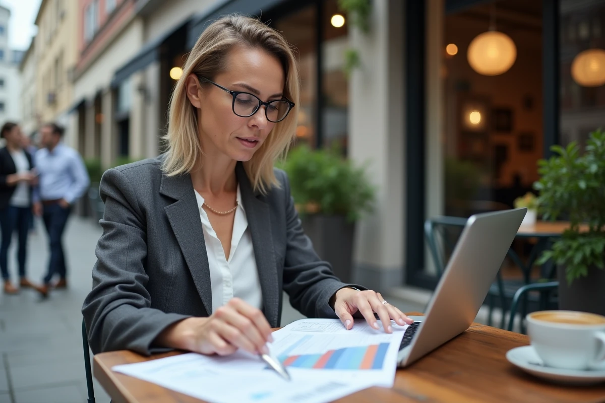 Femme apporteuse d'affaires analysant des documents financiers liés à ses commissions dans un café urbain