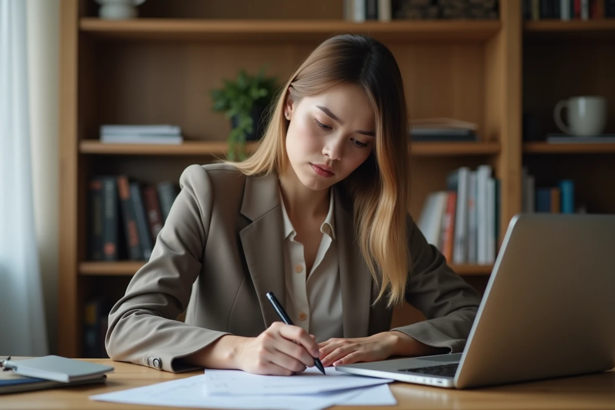 Jeune apprentie rédigeant une lettre de démission à son bureau à domicile