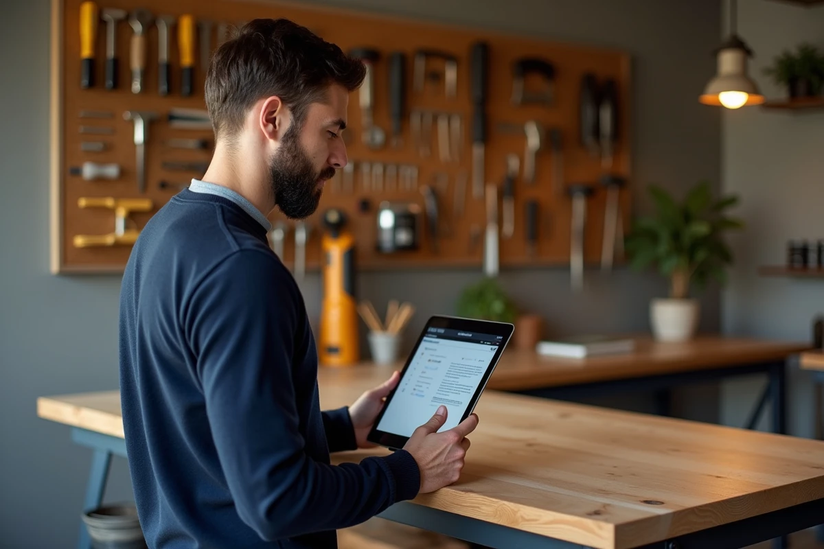 Artisan reconverti en formateur en ligne travaillant depuis son atelier aménagé en télétravail