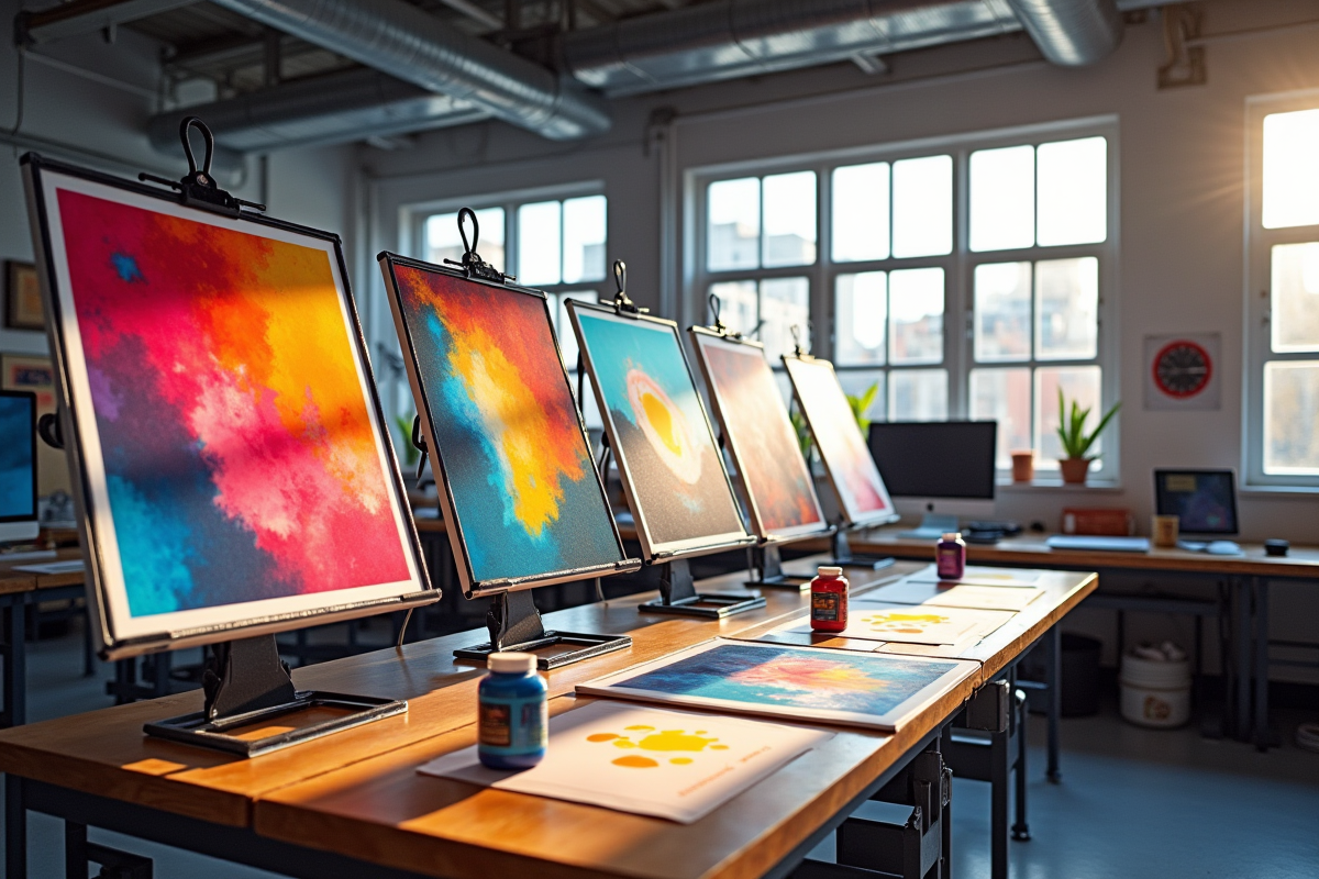 Espace de travail lumineux avec affiches et encres colorées