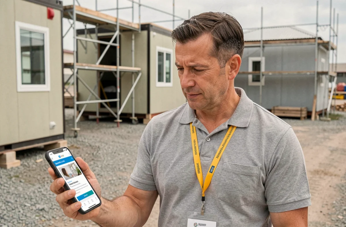 Ouvrier Loxam consultant le portail des avantages salariés CE sur son smartphone sur un chantier