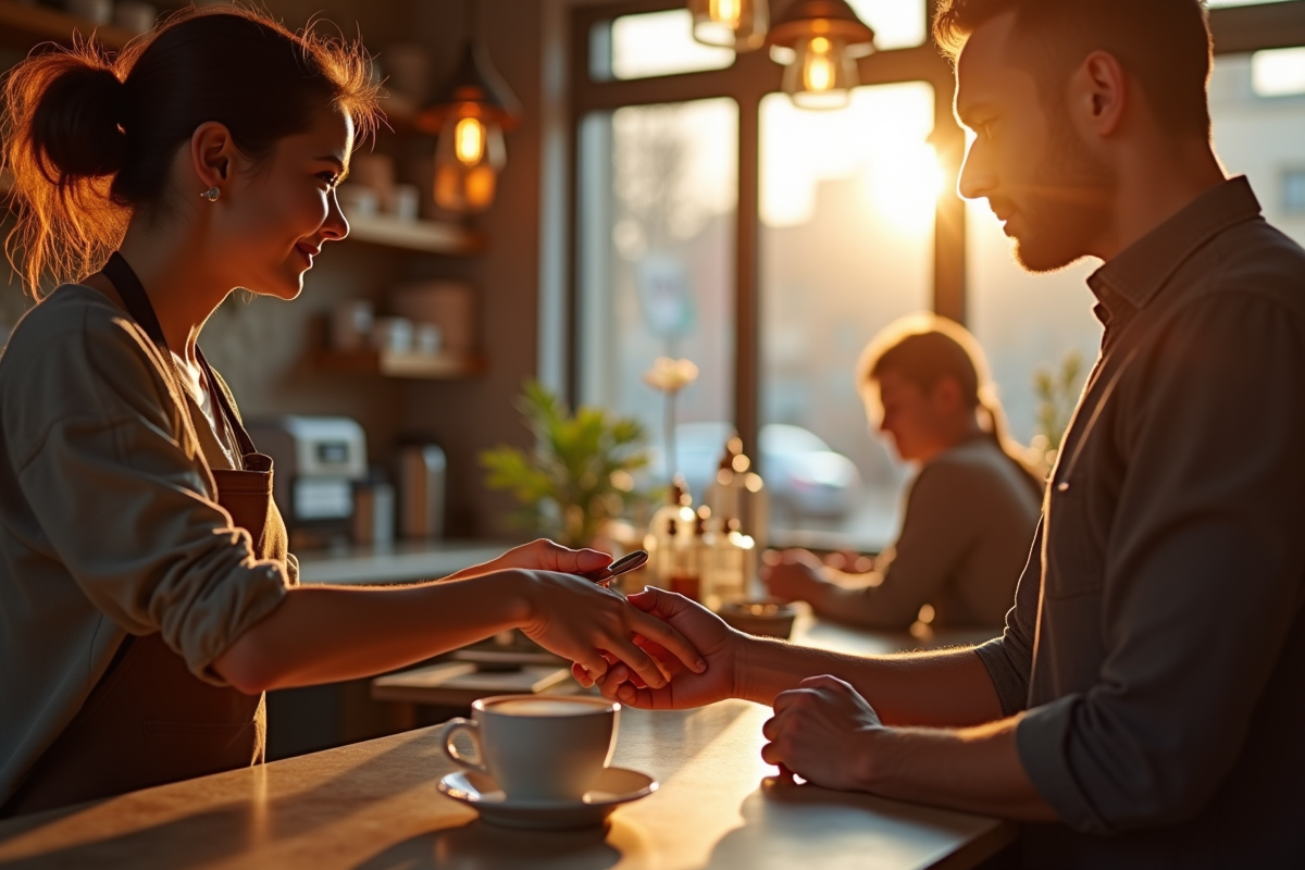 Barista servi un café dans un café convivial et lumineux