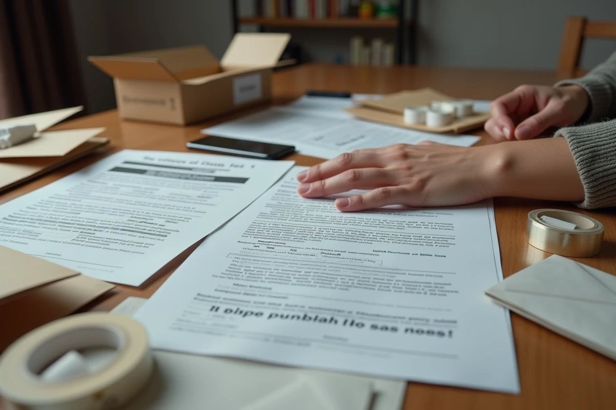Vue rapprochée d'un bureau avec des offres d'emploi douteuses d'emballage à domicile, enveloppes et smartphone