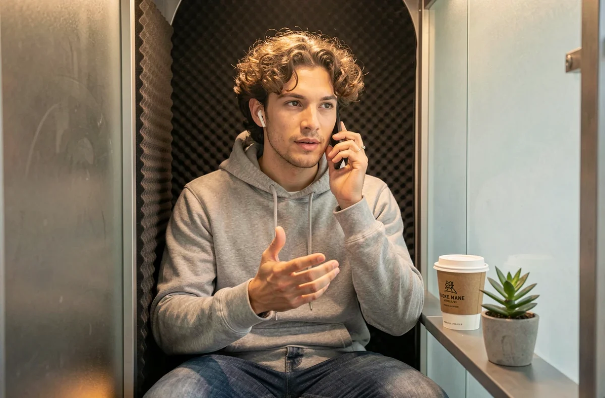 Jeune professionnel en réunion vidéo dans une cabine acoustique d'un espace de coworking à Colmar