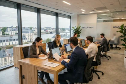 Vue panoramique d'un cabinet de recrutement moderne à Rennes avec des consultants au travail dans un espace ouvert