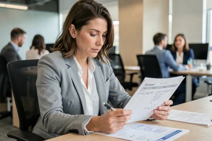 Employée de bureau calculant ses heures supplémentaires sur une feuille de planning annotée dans un open-space moderne