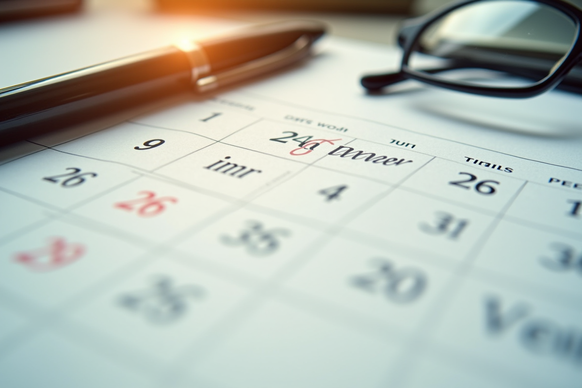 Calendrier avec dates marquées et lunettes en lumière douce