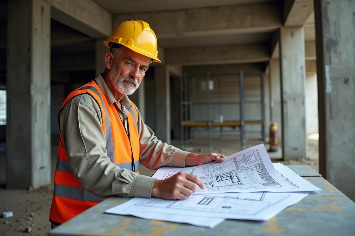 Chef de chantier BTP analysant des plans sur un chantier de construction complexe en milieu urbain