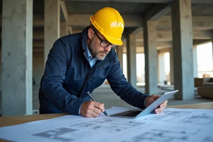 Chef de chantier en casque jaune et veste navy sur site