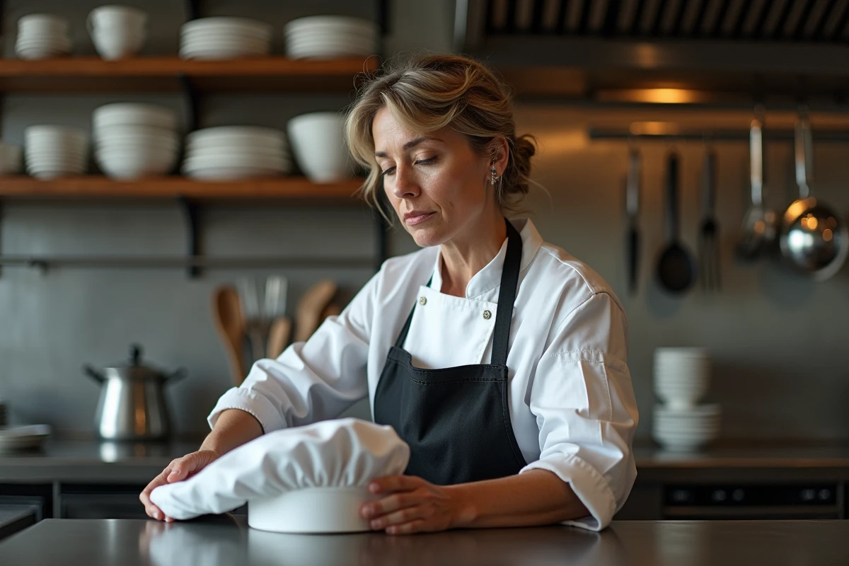 Chef féminin retirant son chapeau dans la cuisine animée