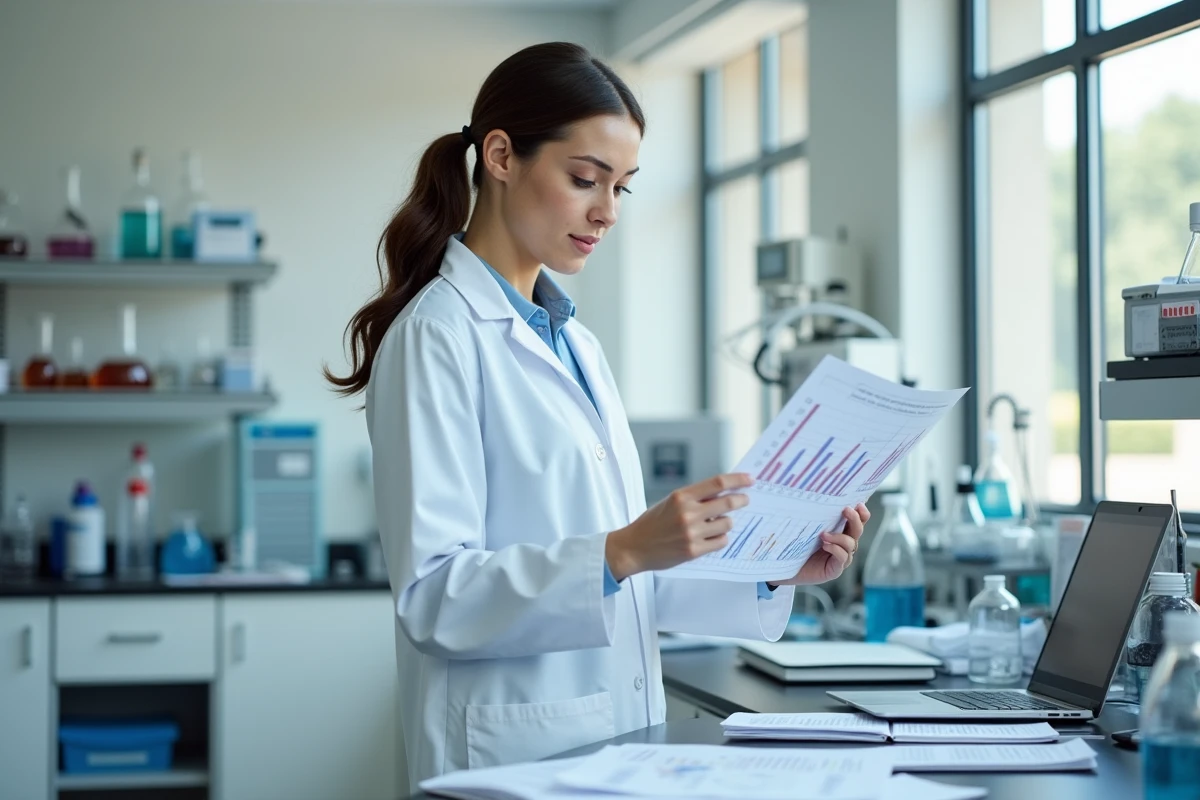 Chercheuse CNRS en blouse blanche consultant des documents de salaire dans un laboratoire universitaire moderne