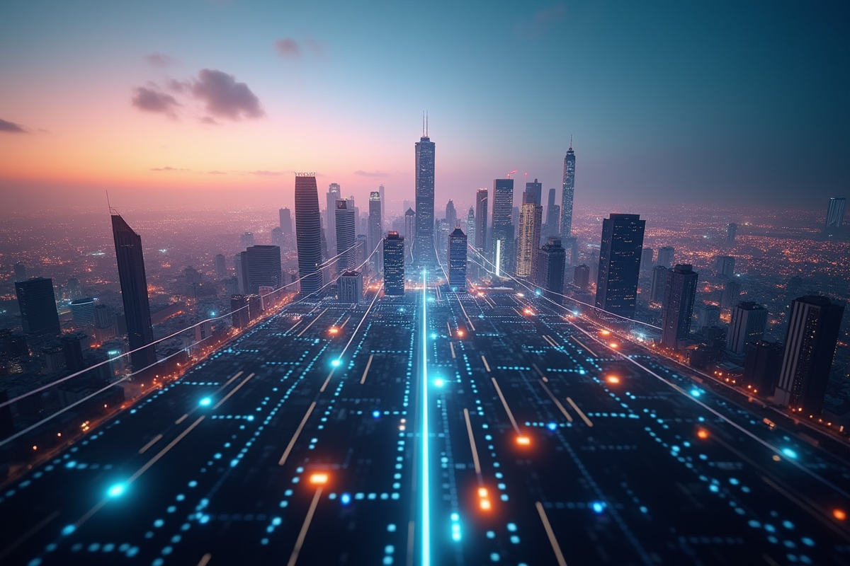 Ciel de ville au crépuscule avec connexions numériques lumineuses