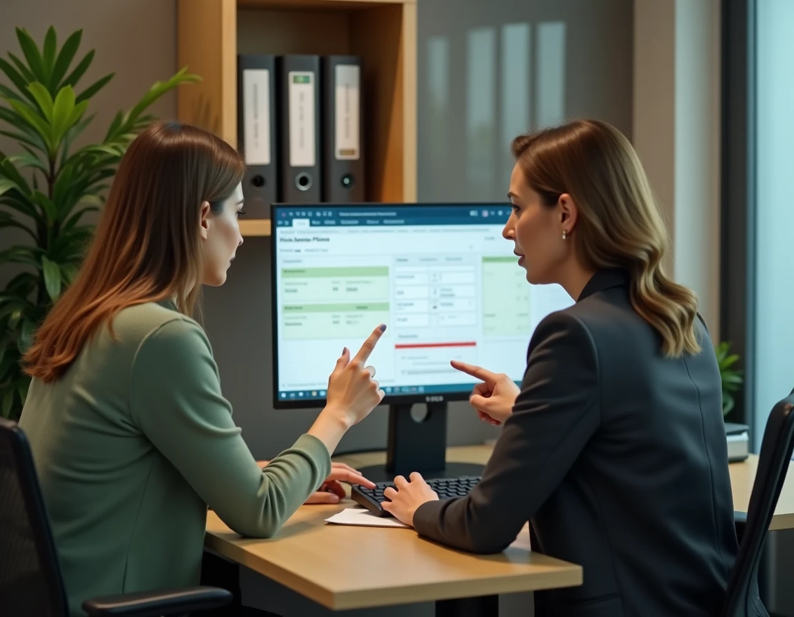 Deux professionnelles RH collaborant pour corriger les erreurs de paramétrage d'un logiciel de gestion des ressources humaines
