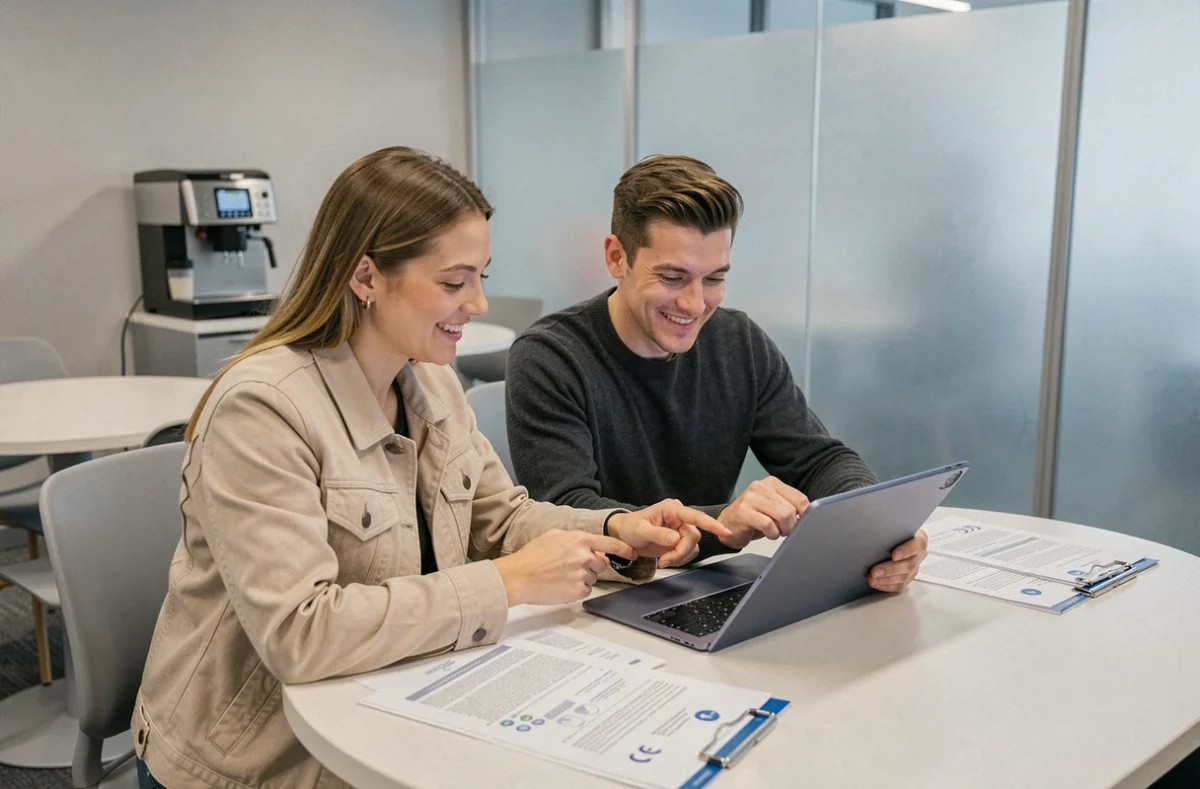 Deux collègues consultant ensemble les avantages du comité d'entreprise Loxam CE sur une tablette dans une salle de pause
