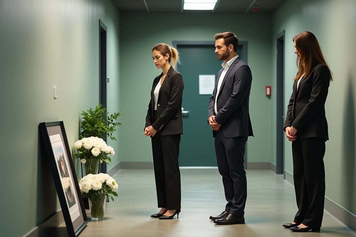 Groupe de coll&egrave;gues r&eacute;unis devant un espace m&eacute;morial au bureau pour rendre hommage &agrave; un d&eacute;funt