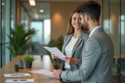 Employée consultant le comité d'entreprise GMF pour préparer ses projets vacances au bureau
