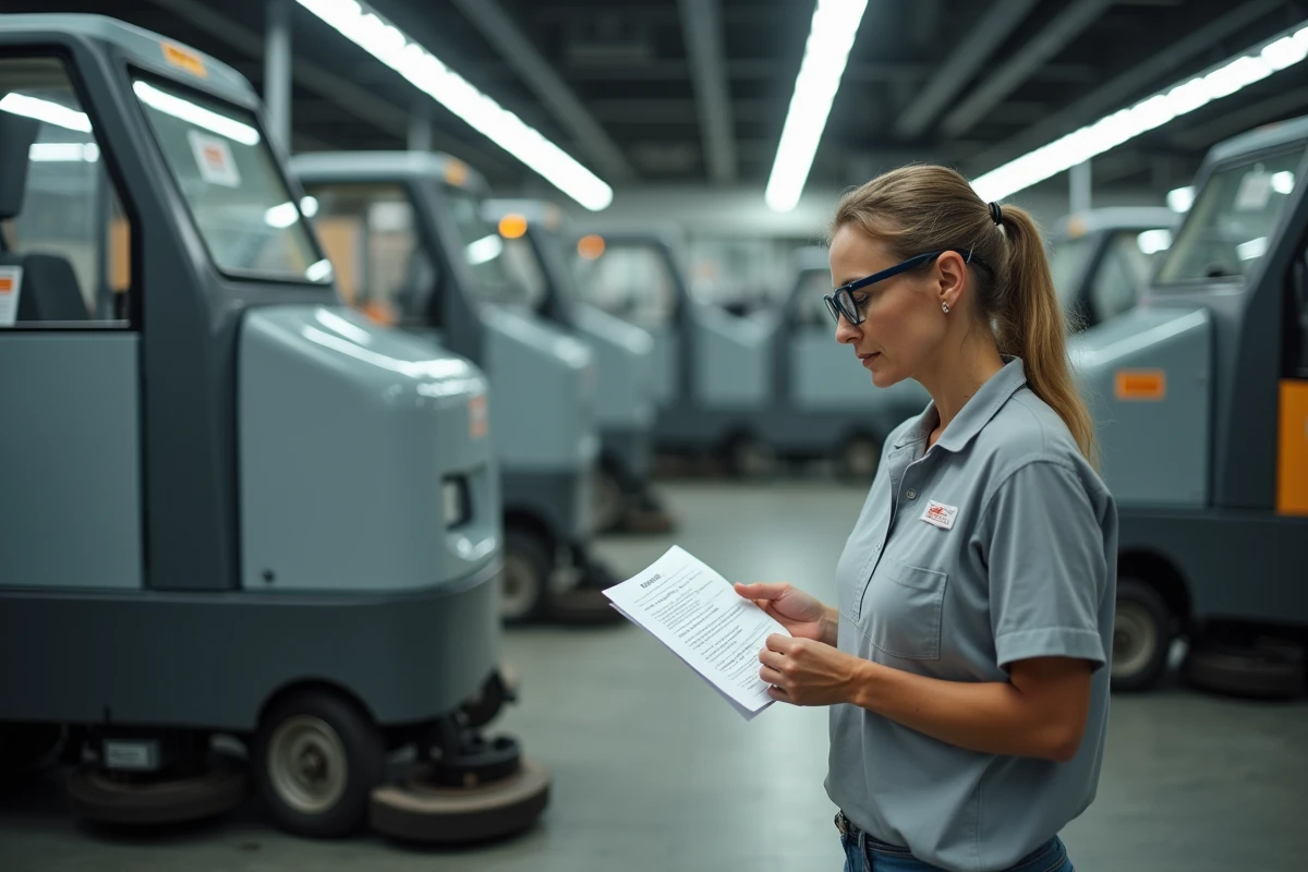Femme comparant des autolaveuses Speed Scrub Rider d'occasion dans un showroom de matériel industriel