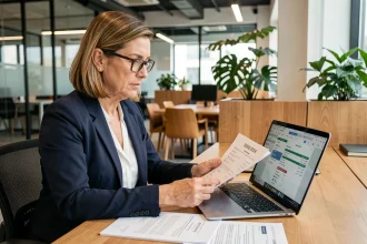 Femme entrepreneur comparant les prix de réservation d'un bureau au foyer entrepreneurial sur ordinateur portable