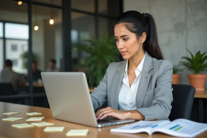 Femme analyste marketing comparant les prix d'outils IA sur un ordinateur portable dans un bureau moderne