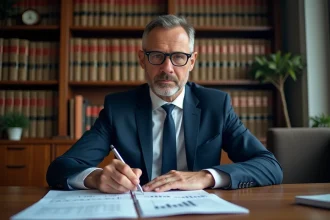 Comptable analysant des documents de cession de commerce et calcul des droits d'enregistrement sur un bureau en bois