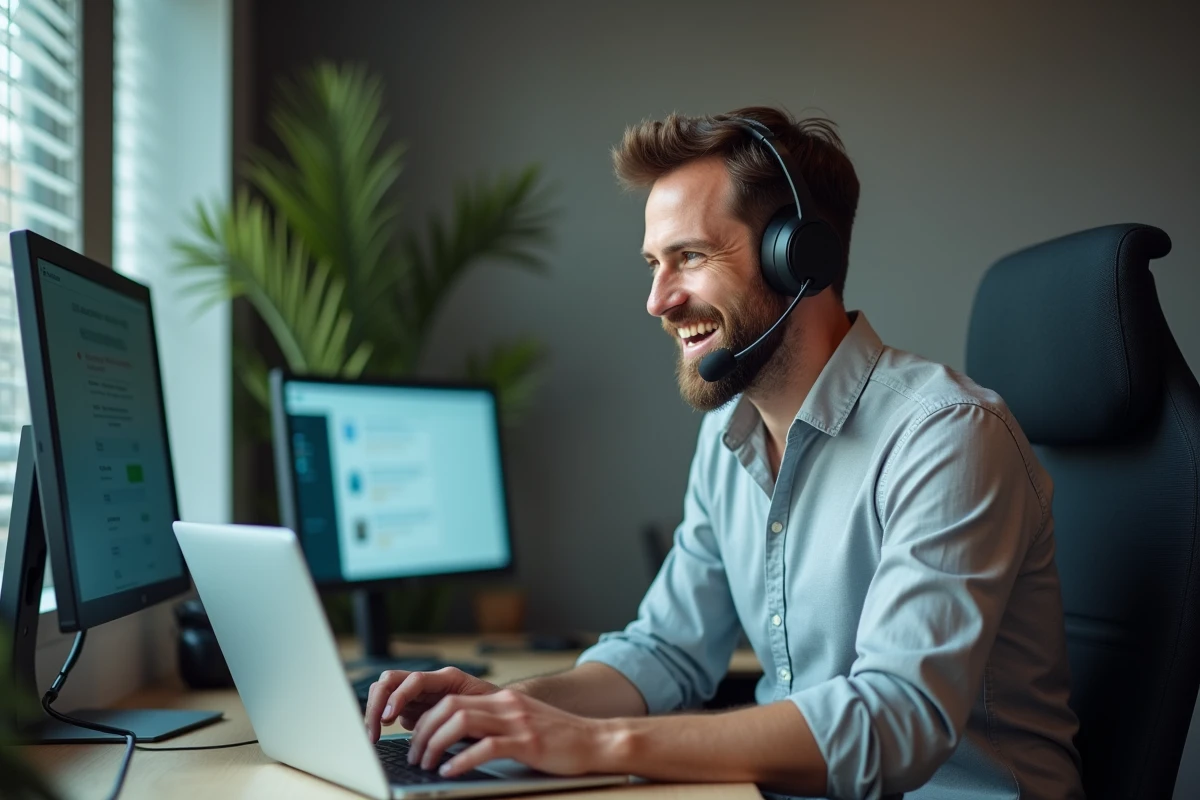 Conseiller relation client avec casque téléphonique utilisant un logiciel CRM pour gérer les interactions clients