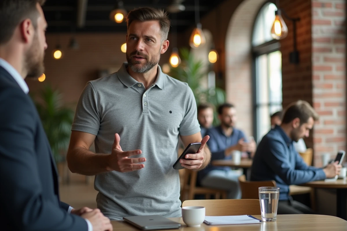 Homme consultant Chogan présentant une opportunité commerciale dans un café urbain moderne, réseau de vente directe en 2026